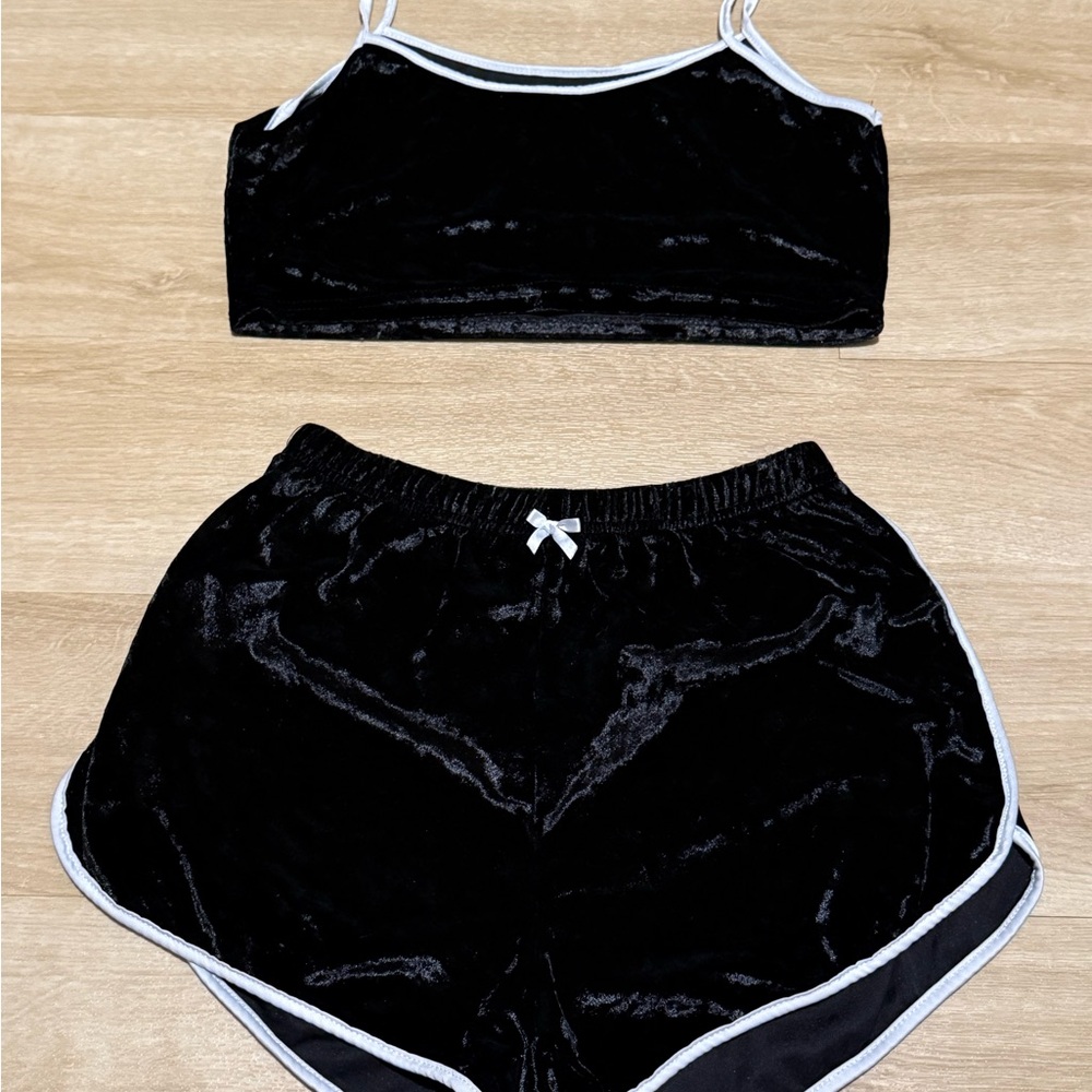 SHEIN Black Velvet Pajama Set with White Trim